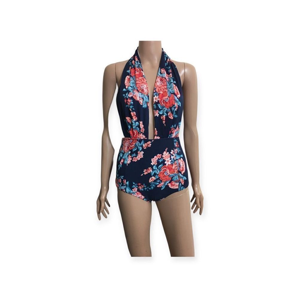 Vintage Navy Floral Halter One-Piece Swimsuit with Coral and Teal Flowers